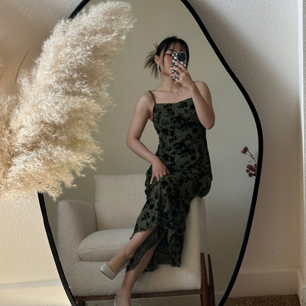 Rihoas Green Floral A-Line Slip Midi Dress